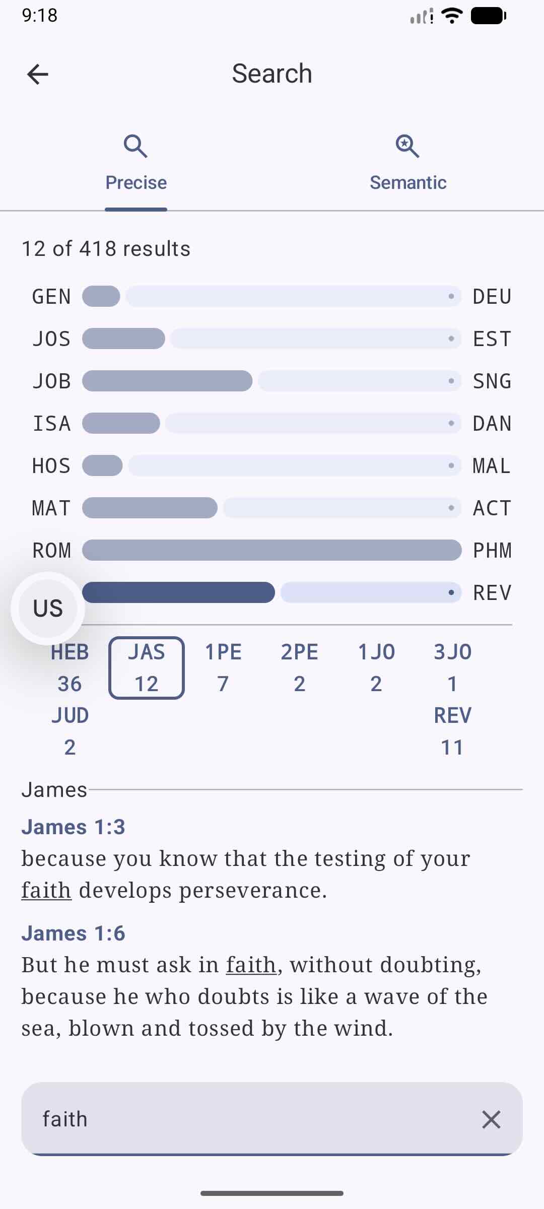 Android Search Interface showing results
